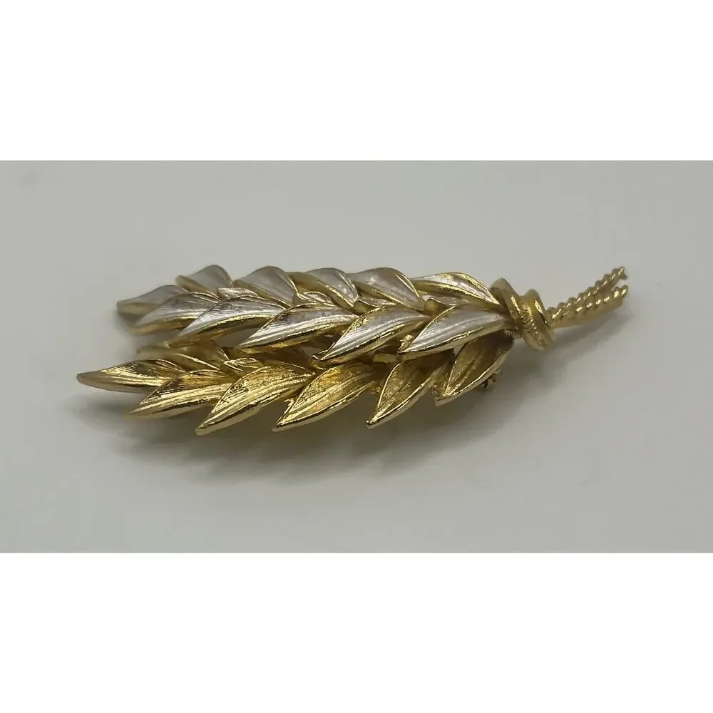 Vintage MCM 2 Tone & Enamel Large Wheat Sheaf Harvest Costume Statement Brooch